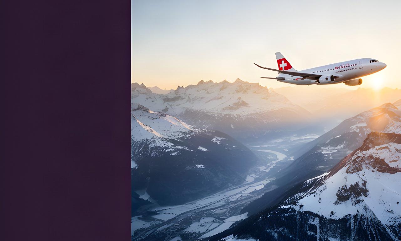 Passagierflugzeug über verschneiten Schweizer Alpen bei goldenem Morgenlicht